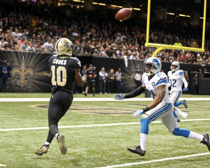 Dec 21, 2015; New Orleans Saints wide receiver Brandin Cooks (10) makes a touchdown catch past Lions cornerback Nevin Lawson (24). Mandatory Credit: Chuck Cook-USA TODAY Sports